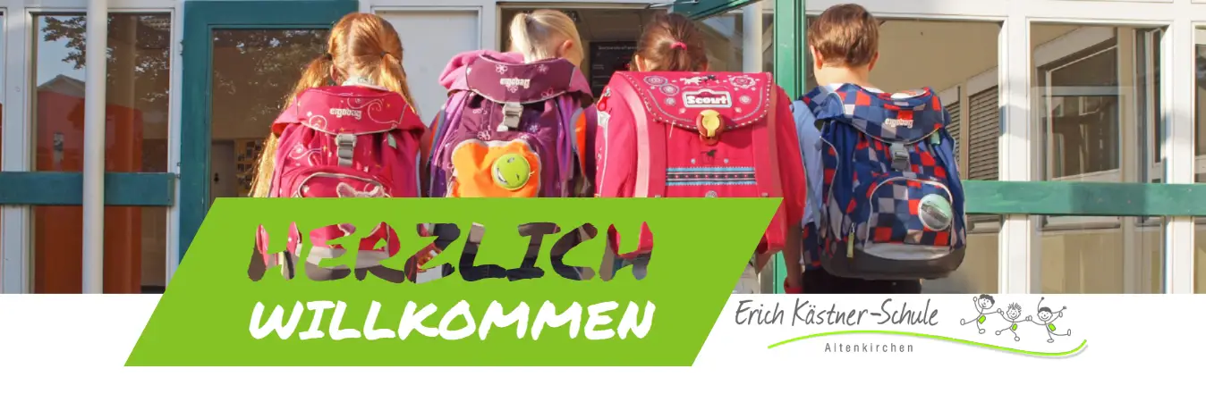 Titelbild: Vier Kinder gehen mit ihren Schulranzen in die Schule.