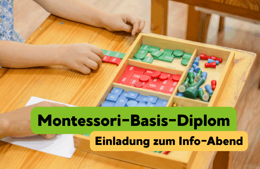 Kinder arbeiten mit Montessori-Material. Es ist das Titelbild für einen Artikel zur Einladung zum Info-Abend für einen Montessori-Basis-Siplom-Lehrgang